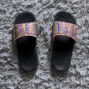 Rose Gold PUMA Slides with an Iridescent Finish
